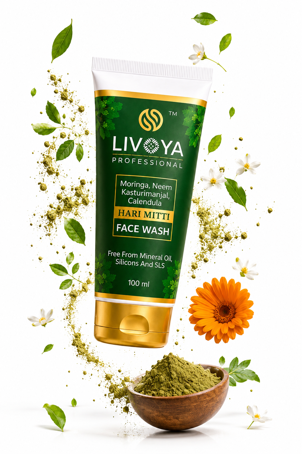 LIVOYA Professional Hari Mitti Face Wash – Moringa, Neem, Kasturi Manjal & Calendula | 100 ml