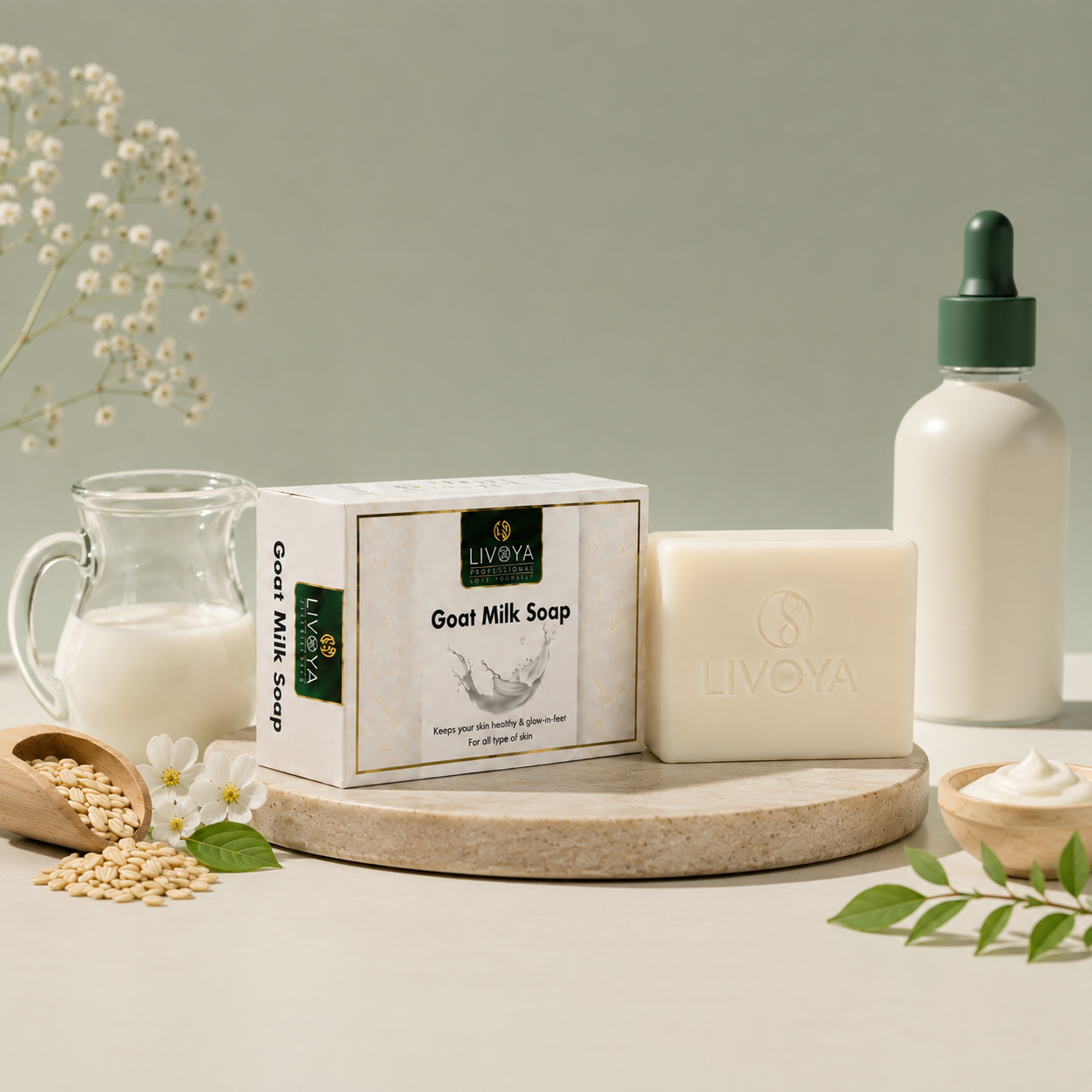 LIVOYA Goat Milk Soap with Shea Butter, Coconut Oil, Olive Oil & Aloe Vera | Pack of 3