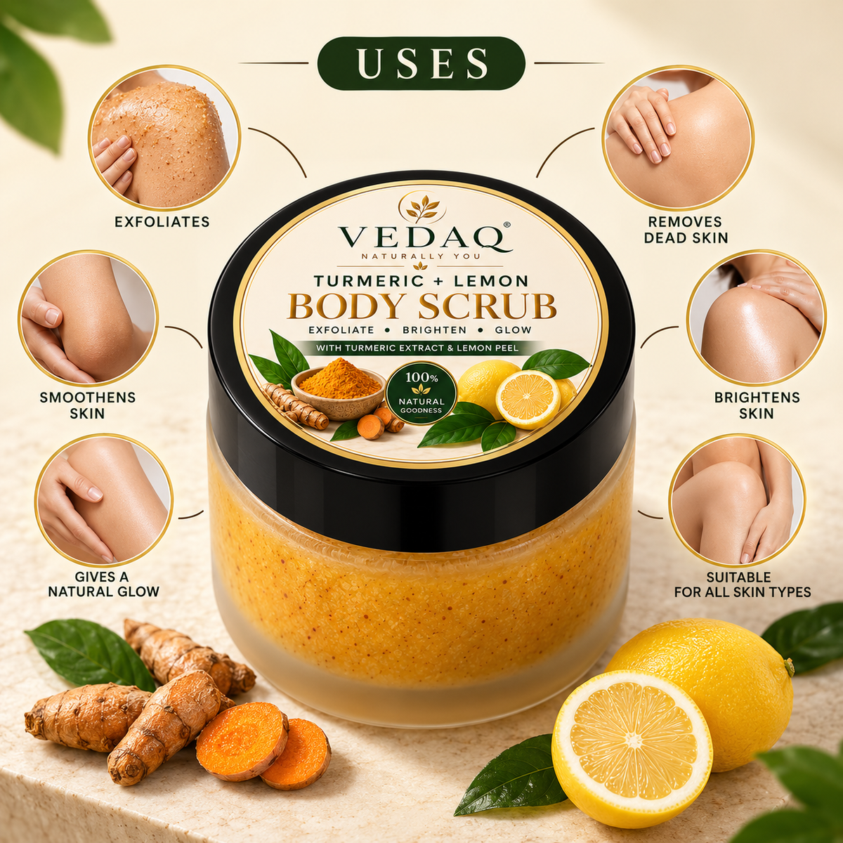 VEDAQ Turmeric + Lemon Body Scrub | Exfoliating & Brightening Scrub for Smooth, Glowing Skin – 50g