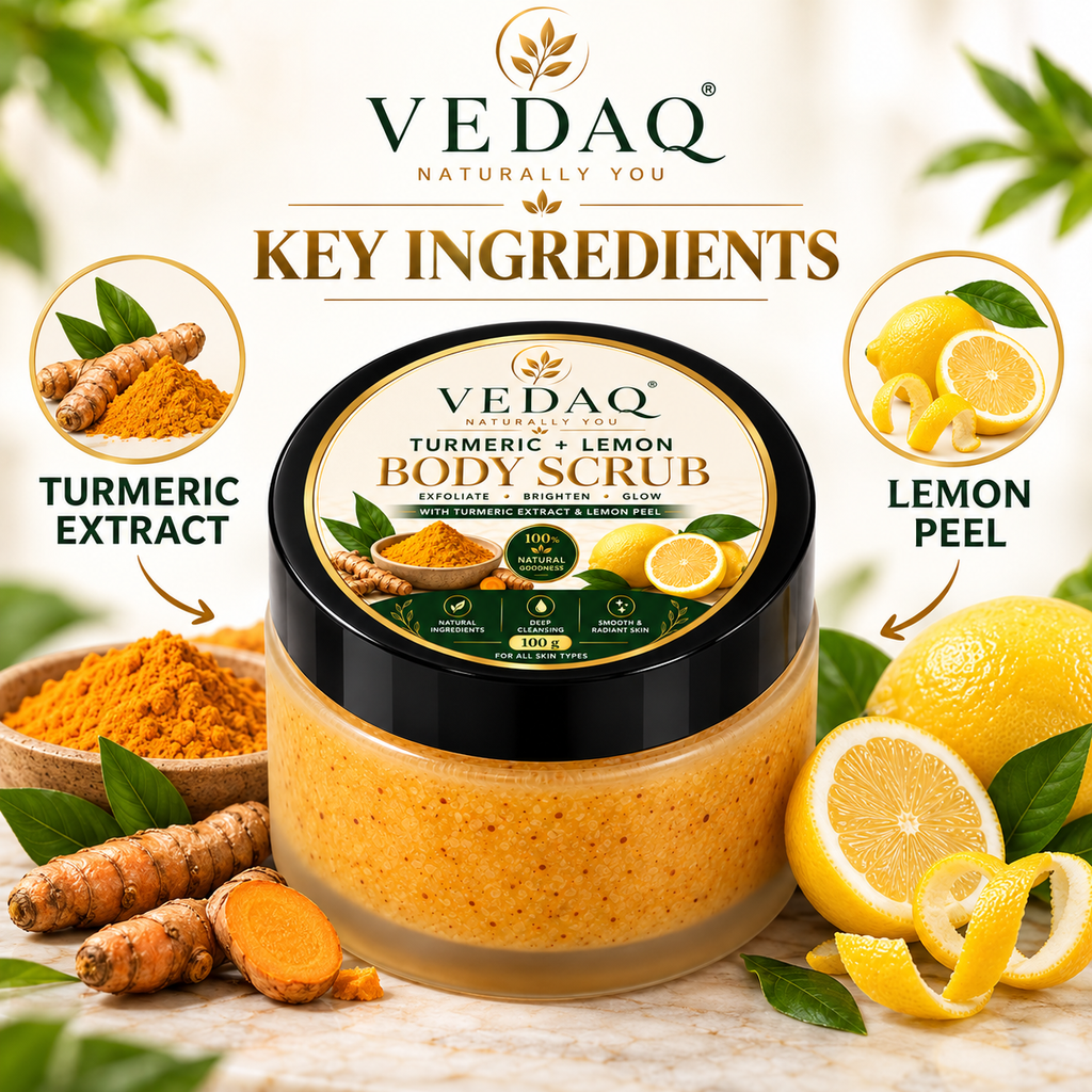 VEDAQ Turmeric + Lemon Body Scrub | Exfoliating & Brightening Scrub for Smooth, Glowing Skin – 50g