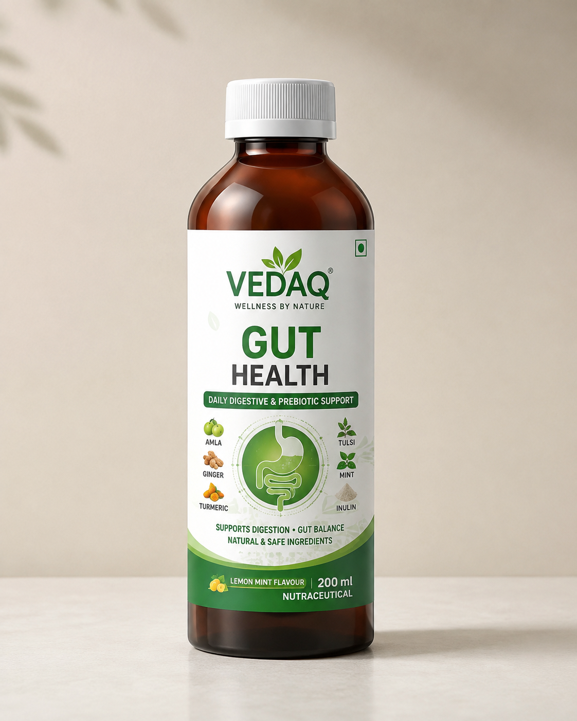 VEDAQ Gut Health – Daily Digestive & Prebiotic Support | Amla, Ginger, Turmeric, Tulsi & Mint | 200 ml